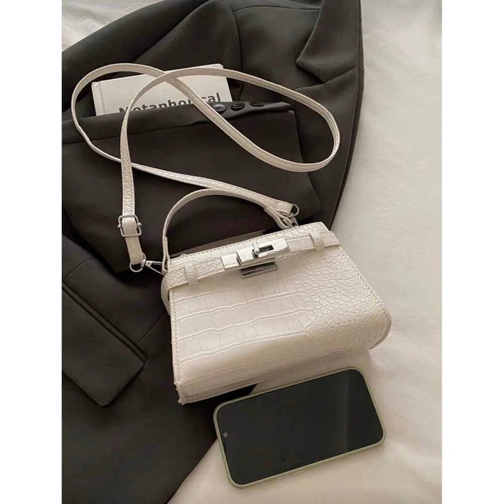 White Croc Embossed Mini Top Handle Crossbody Bag Silver Hardware Turn Lock‎